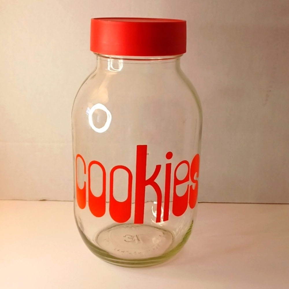 3L Carlton Glass Vintage Cookie Jar 70's with Lid Red Font USA 🇺🇸